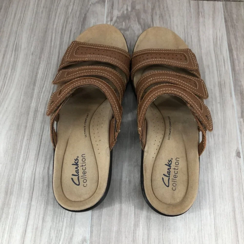 Clarks Sandals Womens 8N Brown Leather Slip On Hook and Loop Shoes